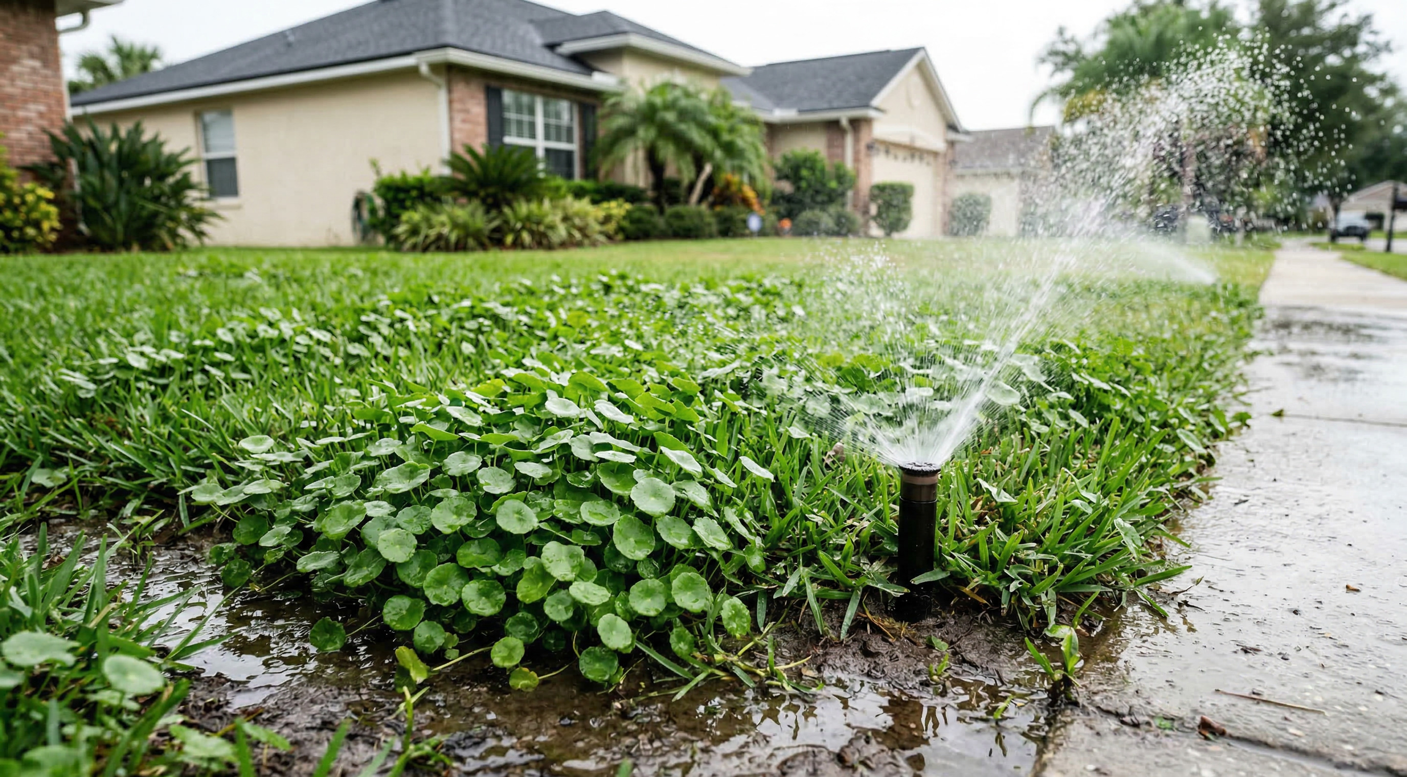Overwatered suburban lawn with sprinkler running — dollarweed thriving in the wettest zones near standing water