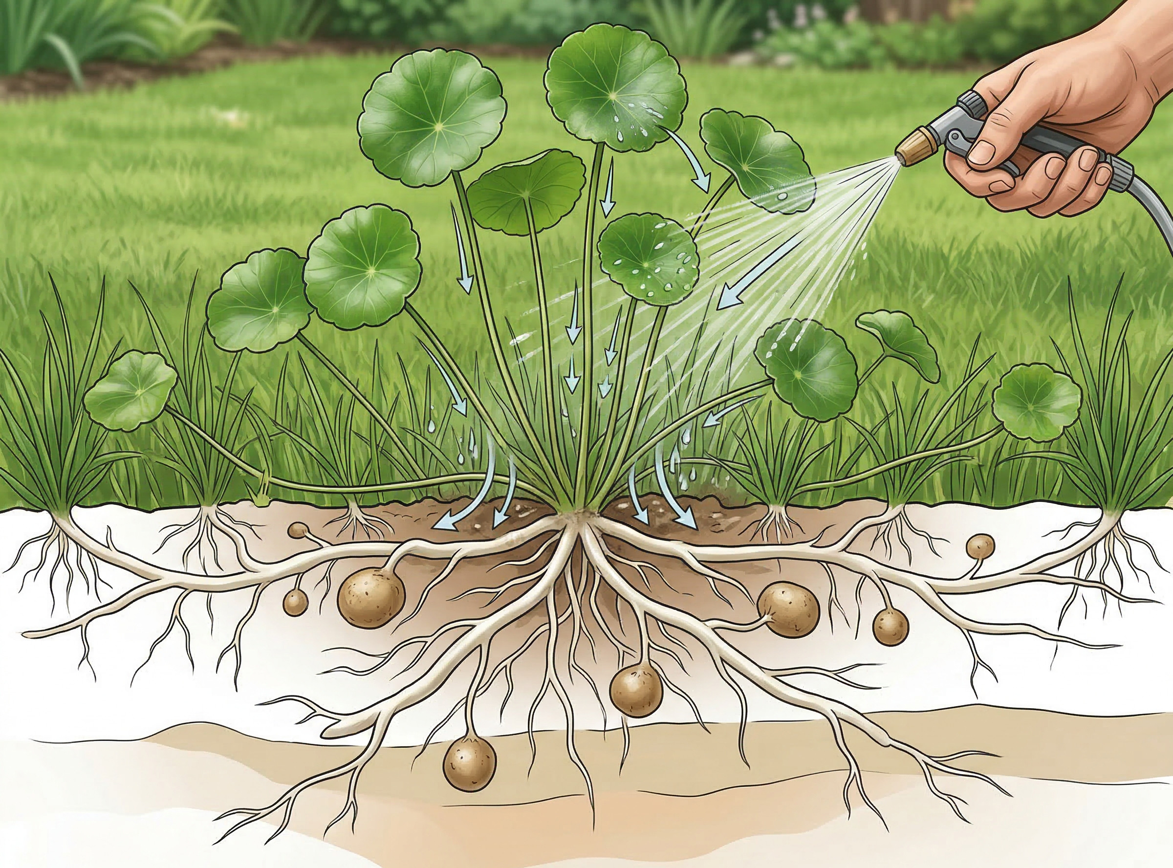 Cross-section of dollarweed showing underground rhizome network and tubers — spray must reach leaves, stems, and soil area