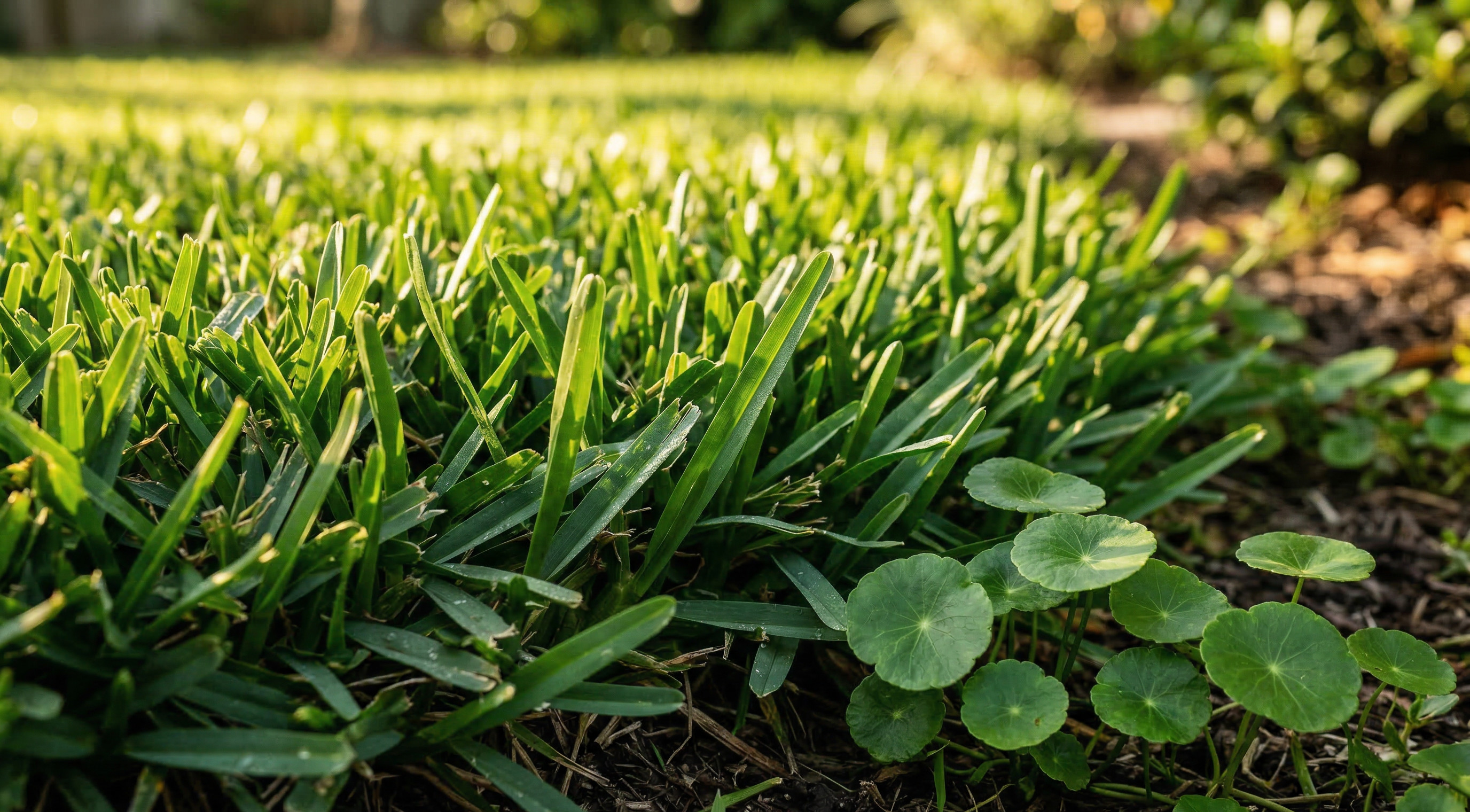 St. Augustine grass close-up with dollarweed leaves beginning to encroach from the edge