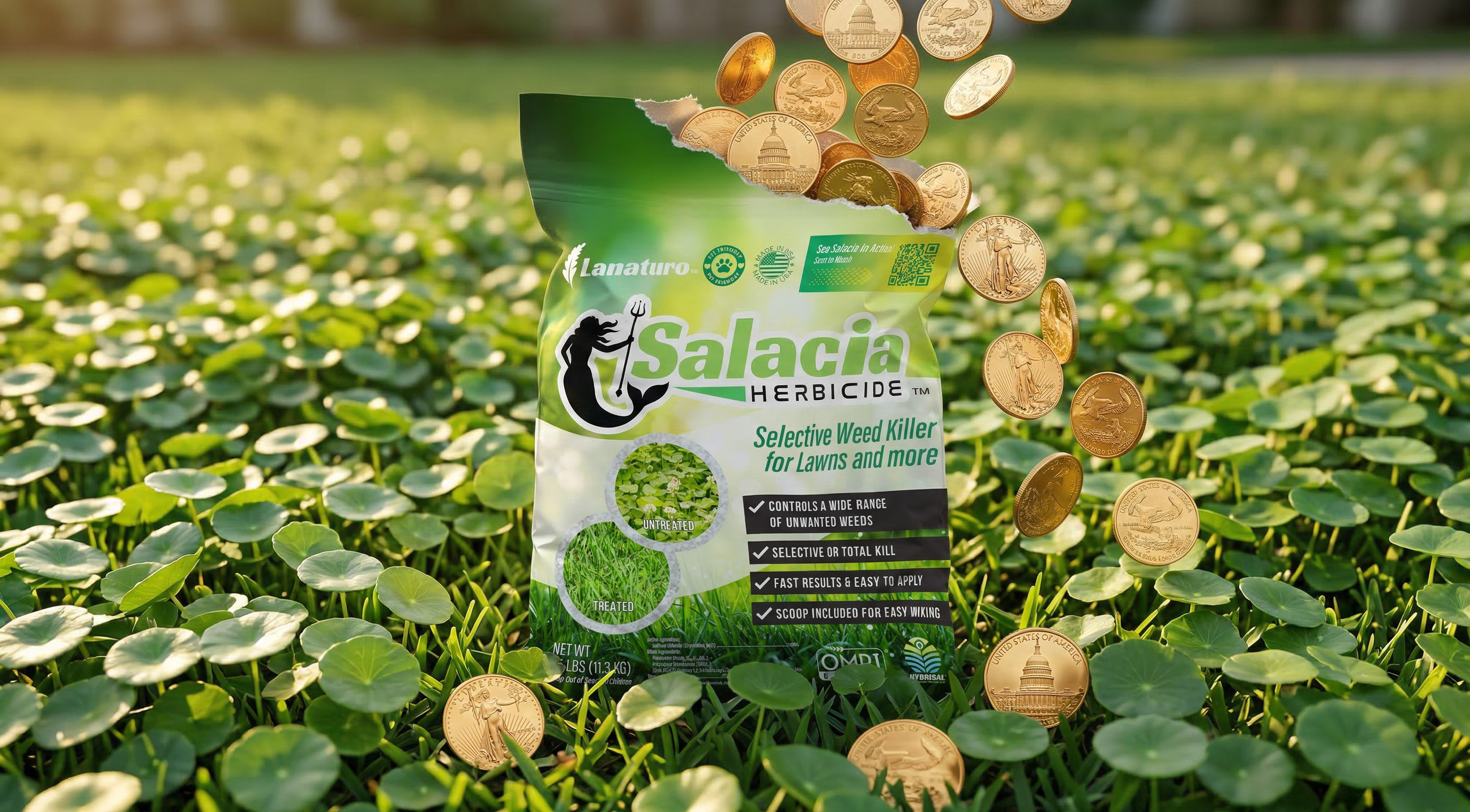 Salacia organic weed killer bag on a dollarweed-infested lawn with gold coins spilling out — dollarweed leaves mirror the round coin shape