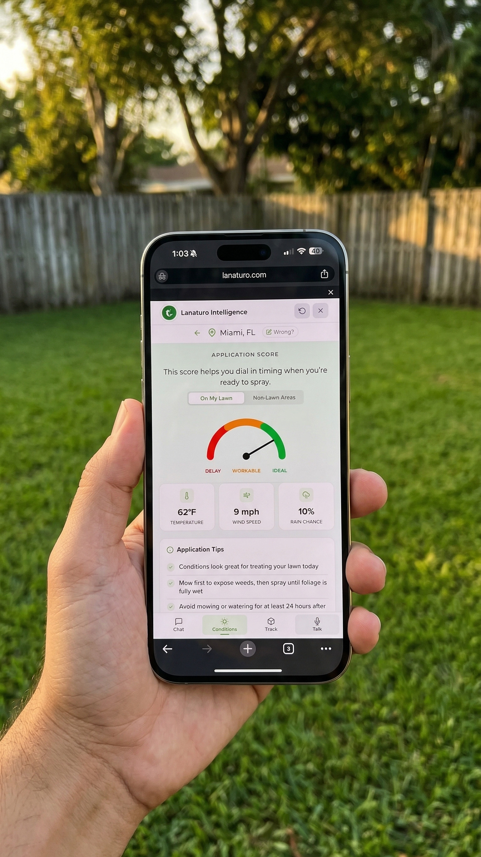 Application Score showing live weather conditions — temperature, wind speed, rain chance — with Ideal, Workable, Delay gauge