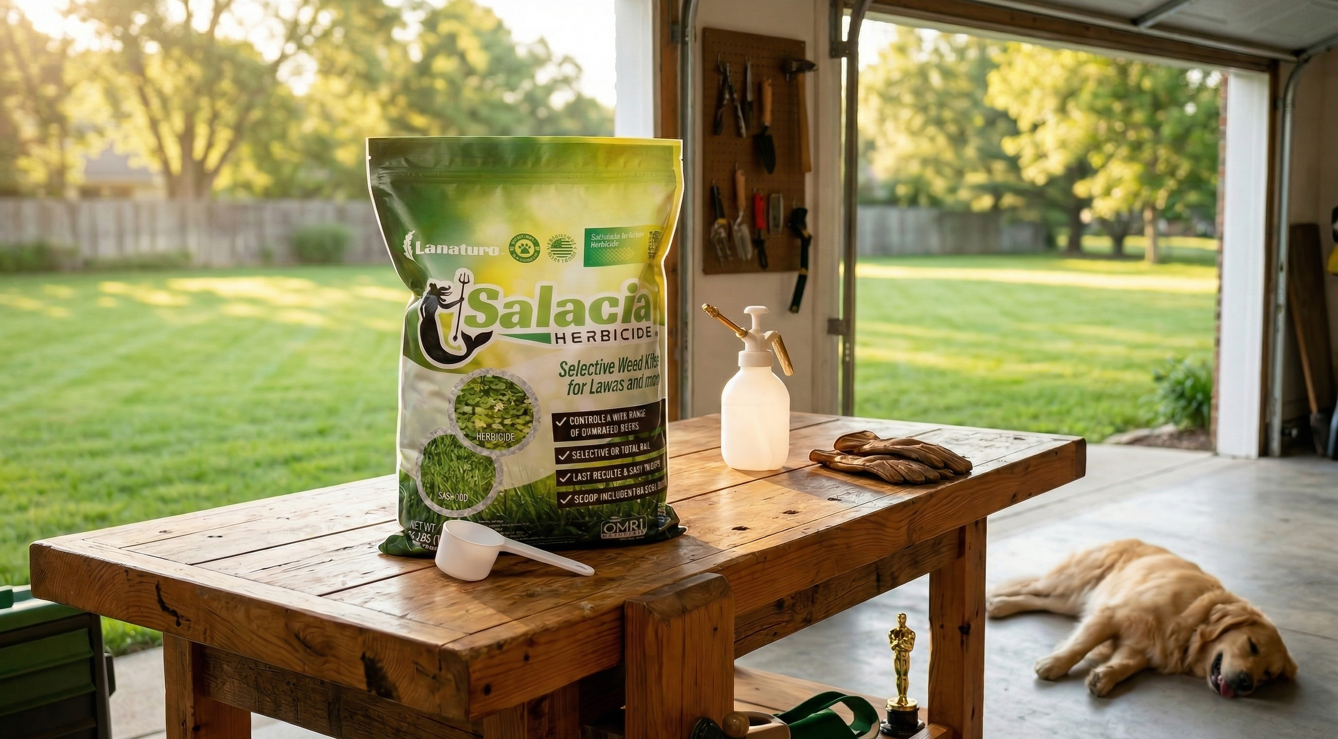 Clean garage workbench with one bag of Salacia, a pump sprayer, leather gloves, and a golden retriever sleeping on the floor — the new approach to weed control