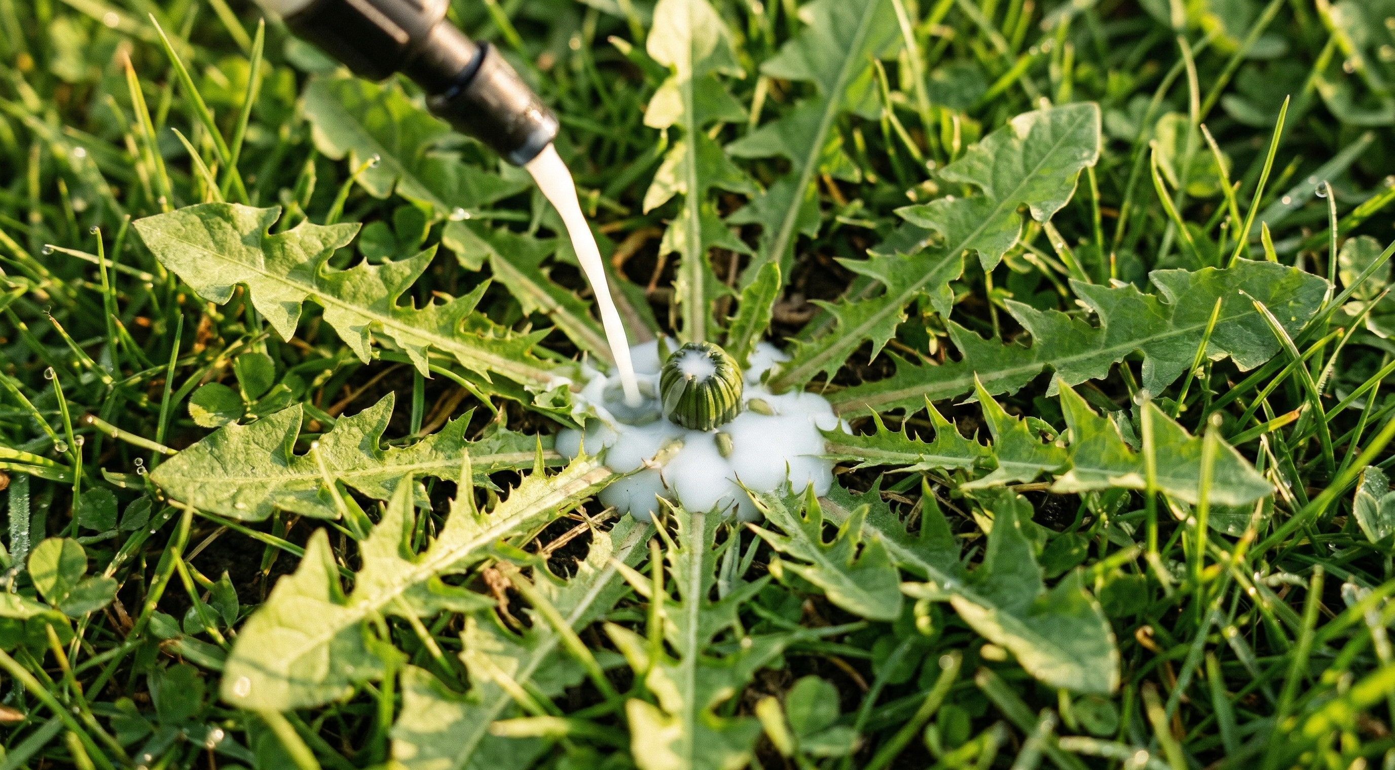Close-up of crown pooling technique on a dandelion — solution pooling in the center rosette