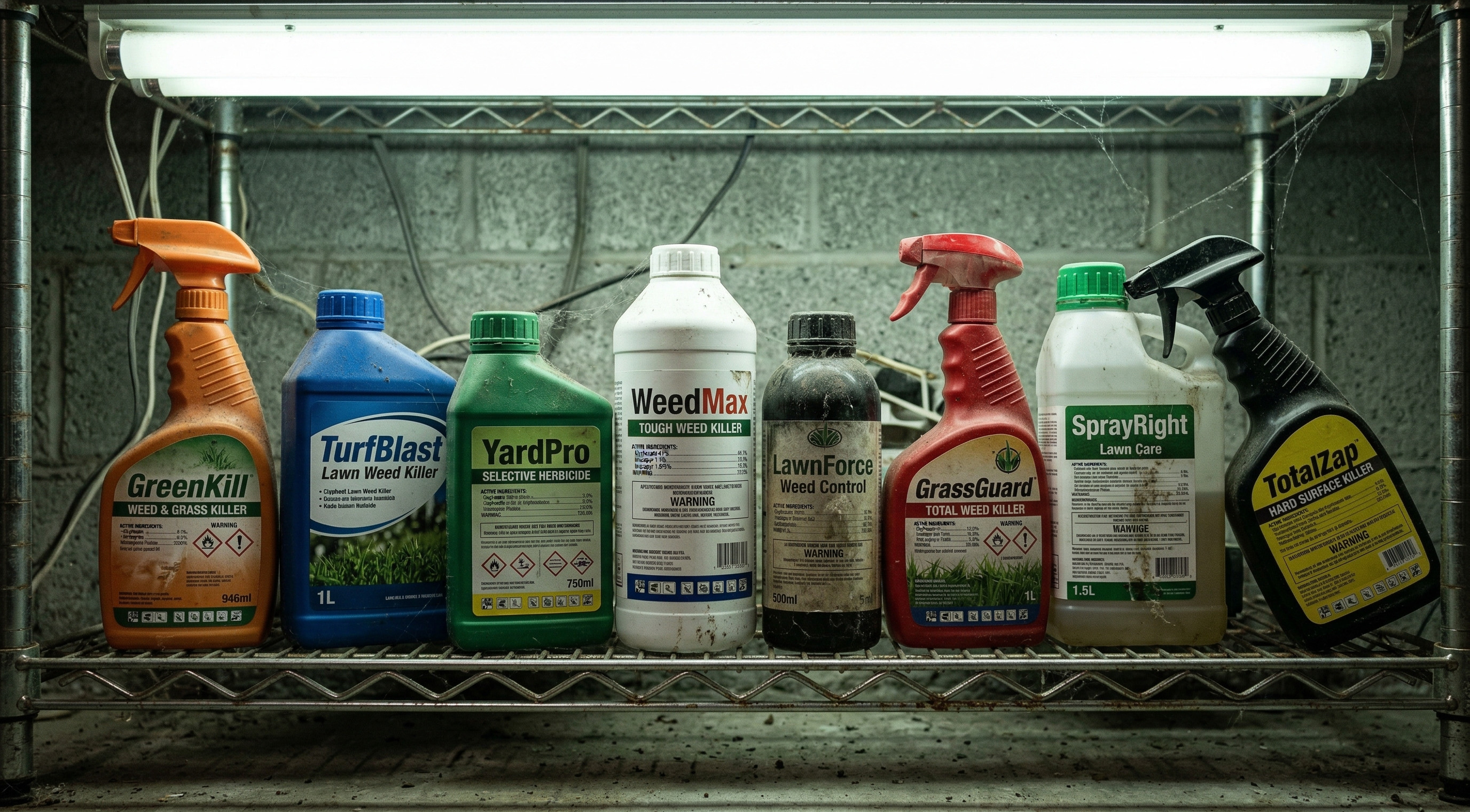 Garage shelf cluttered with half-used herbicide bottles — the old approach to weed control