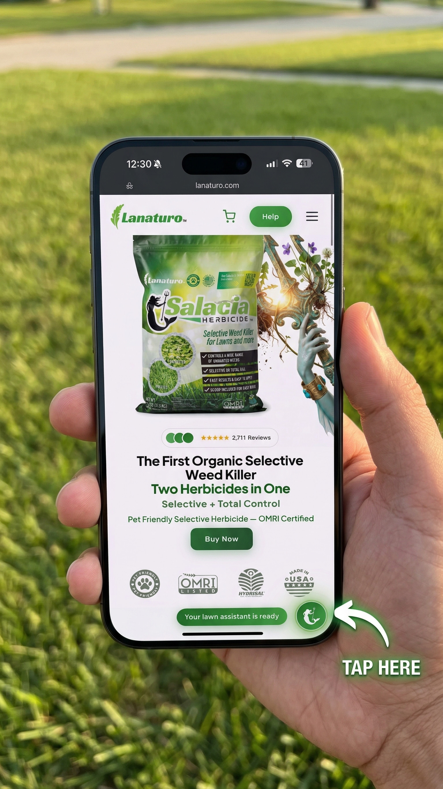 iPhone showing lanaturo.com homepage with the green Lanaturo Intelligence dot in the bottom-right corner — TAP HERE annotation