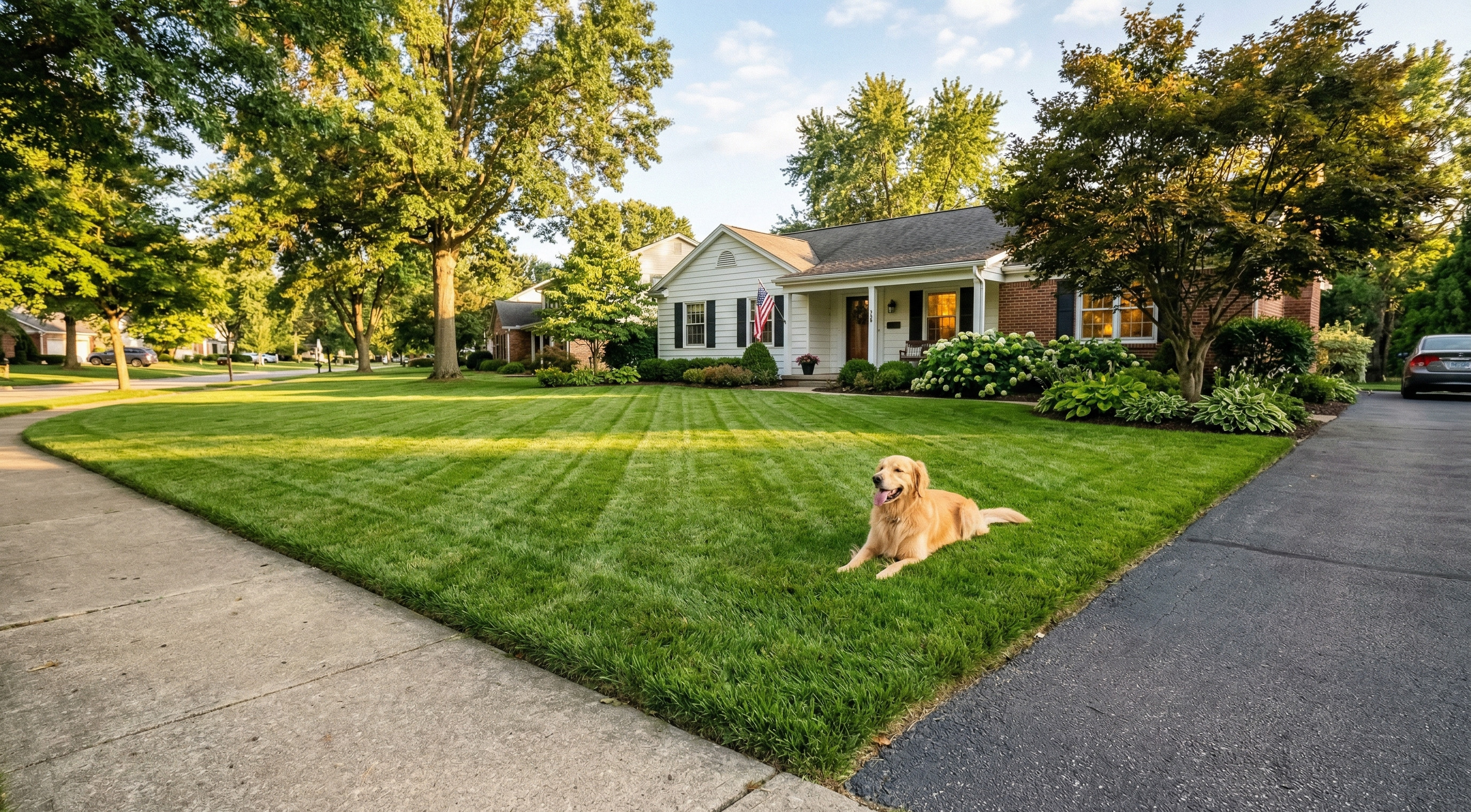 Beautiful, healthy suburban lawn after organic weed treatment — green grass, golden retriever, family-safe