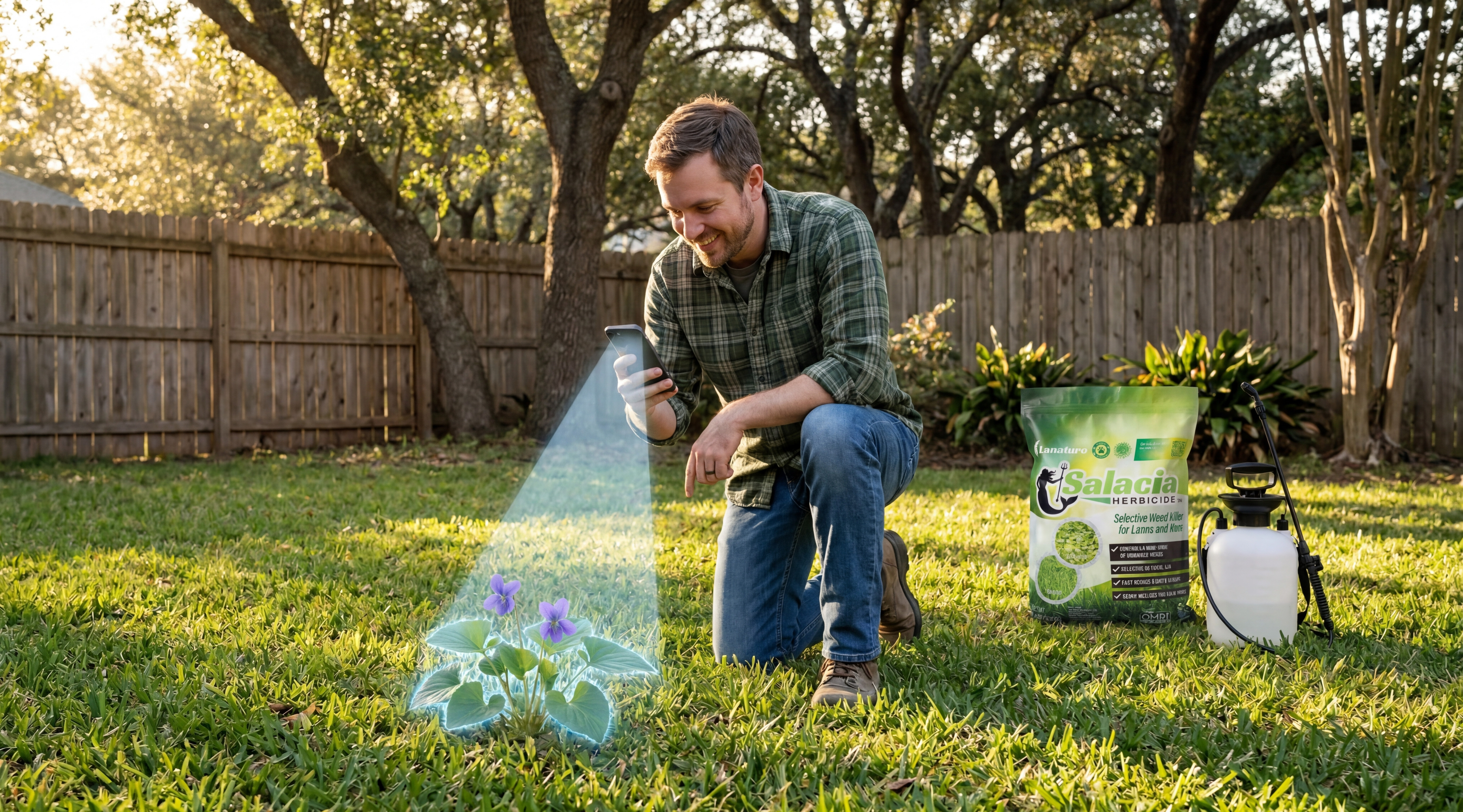 Step 1 — Homeowner spots a weed and pulls out phone to identify it