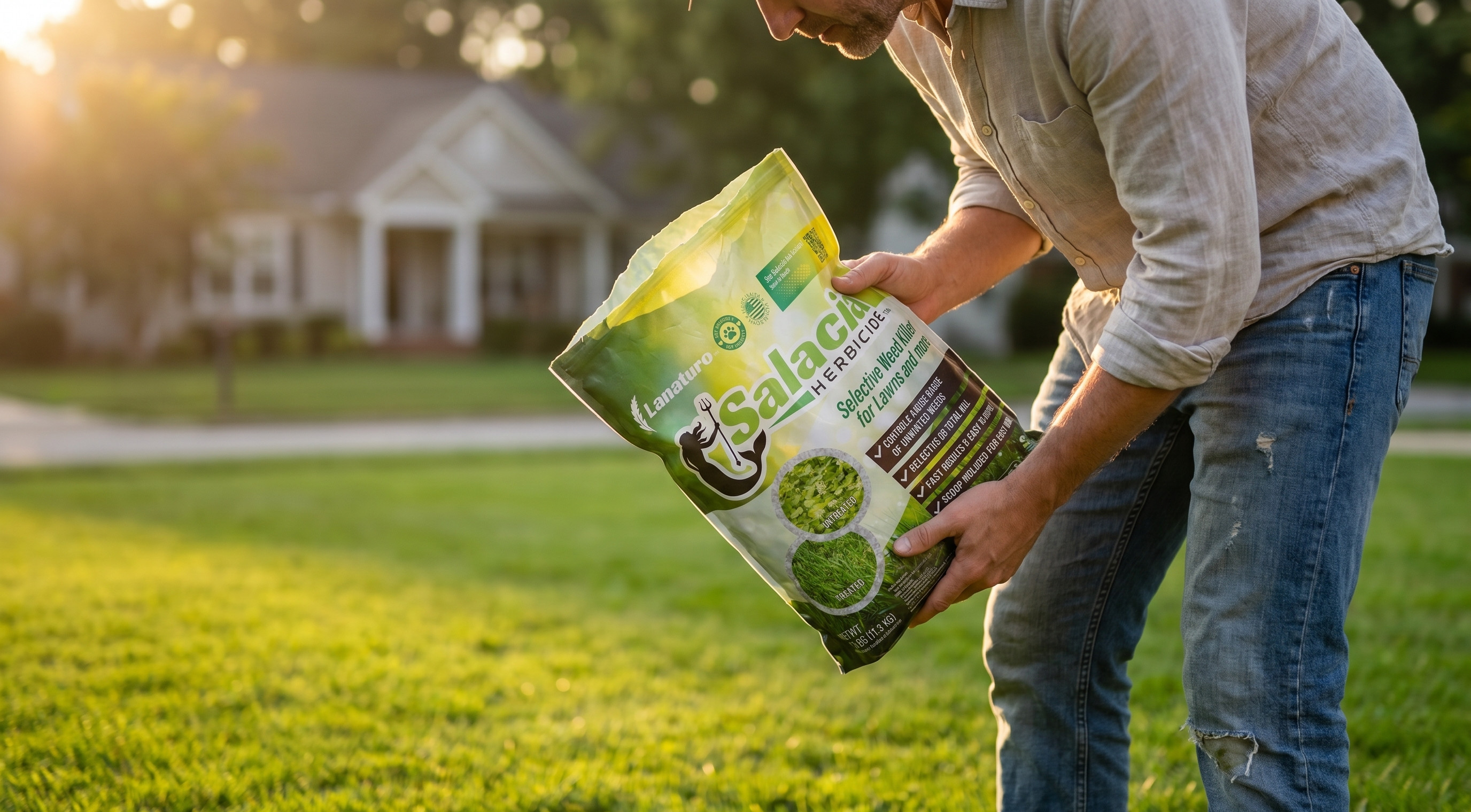 A homeowner on a green suburban lawn reading the label on a bag of organic weed control at golden hour