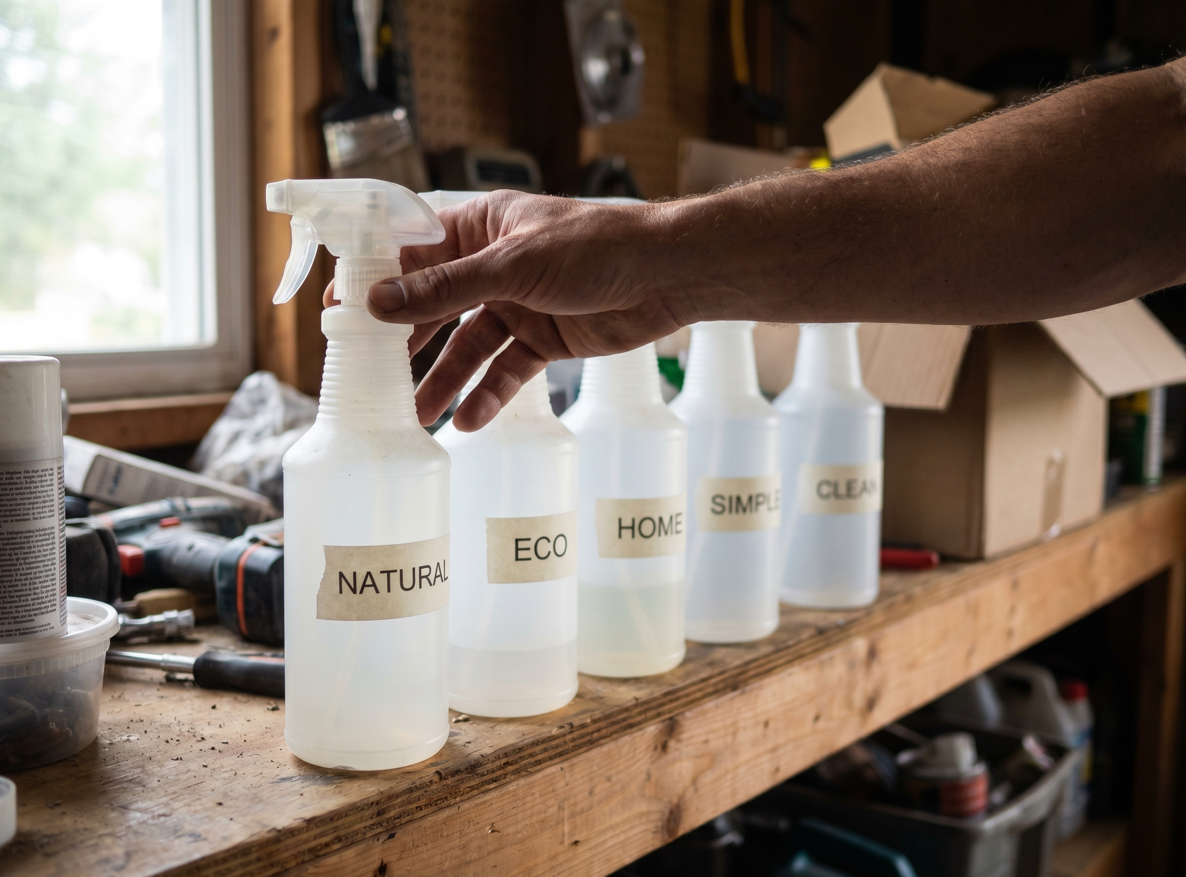 A row of plain spray bottles labeled with vague words like Natural, Eco, and Clean on a workbench