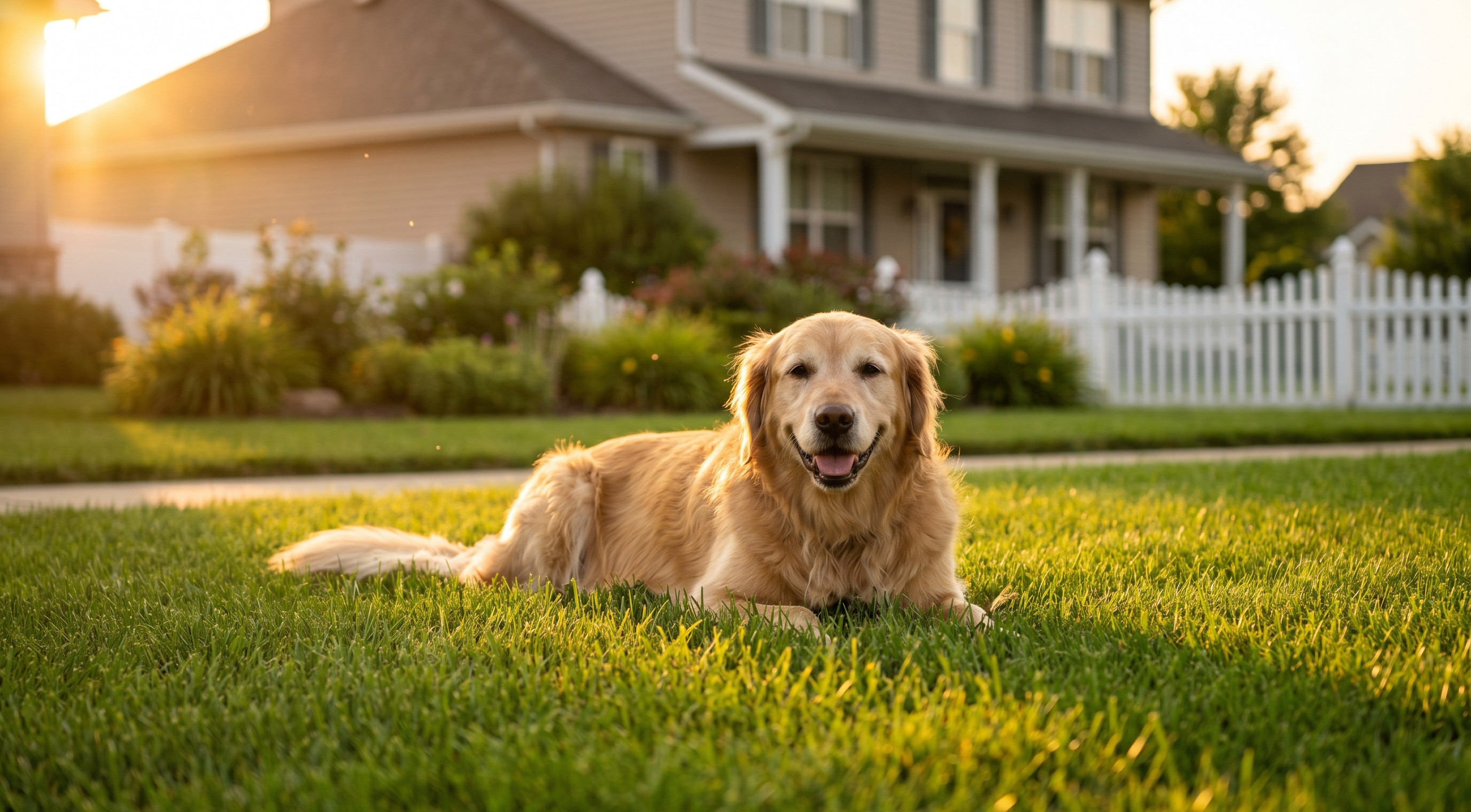 A golden retriever resting on a pristine weed-free suburban lawn at golden hour