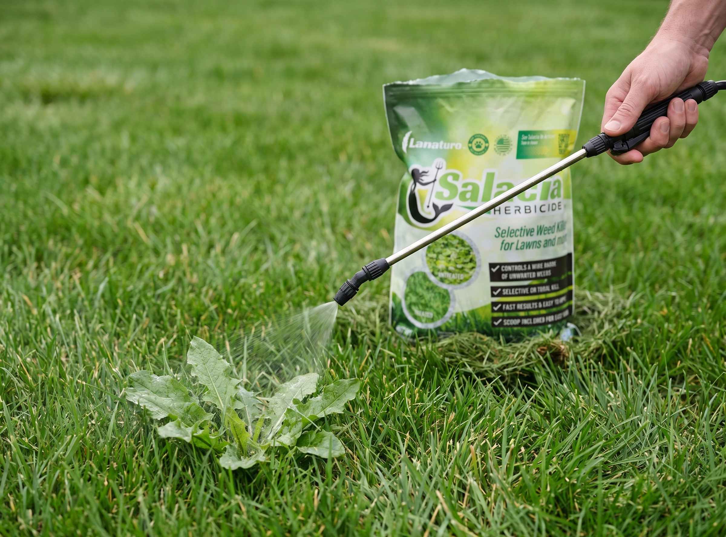A pump sprayer treating a single broadleaf weed in a healthy green lawn with the surrounding grass unharmed