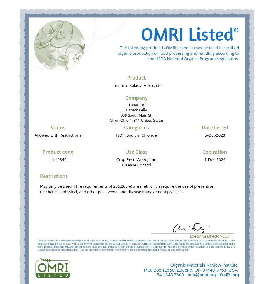 Salacia's live OMRI Listed digital certificate on omri.org showing product, company, date listed and certificate code
