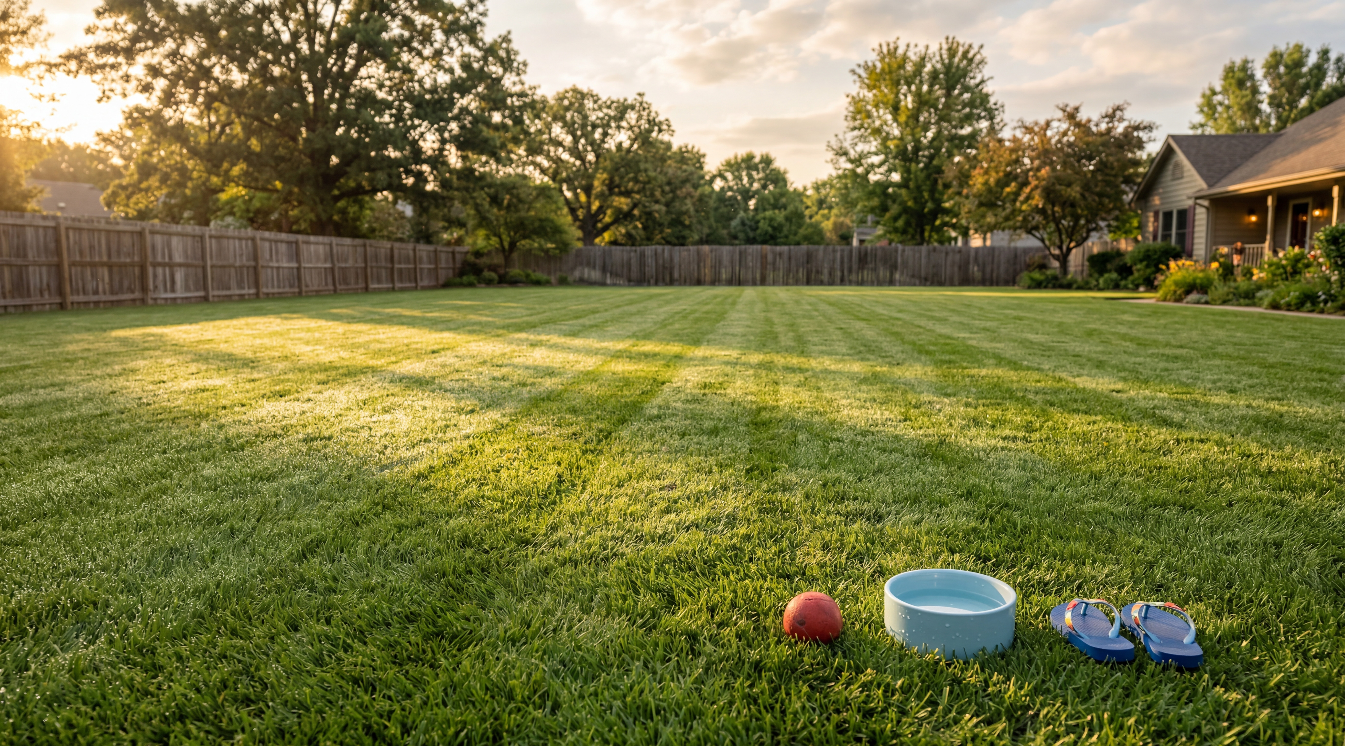 Pristine green lawn at golden hour