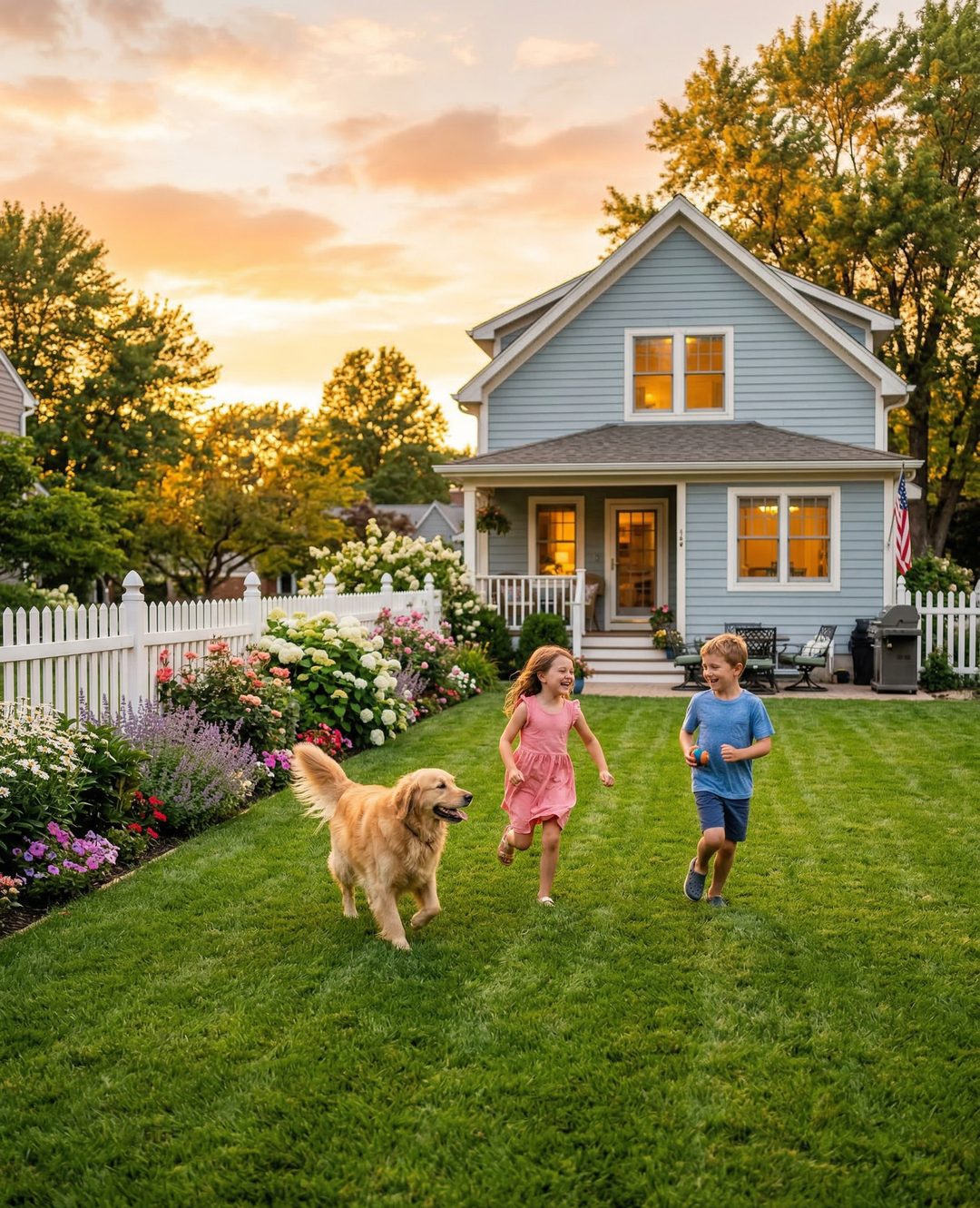A family and their dog enjoying a lush green lawn at golden hour