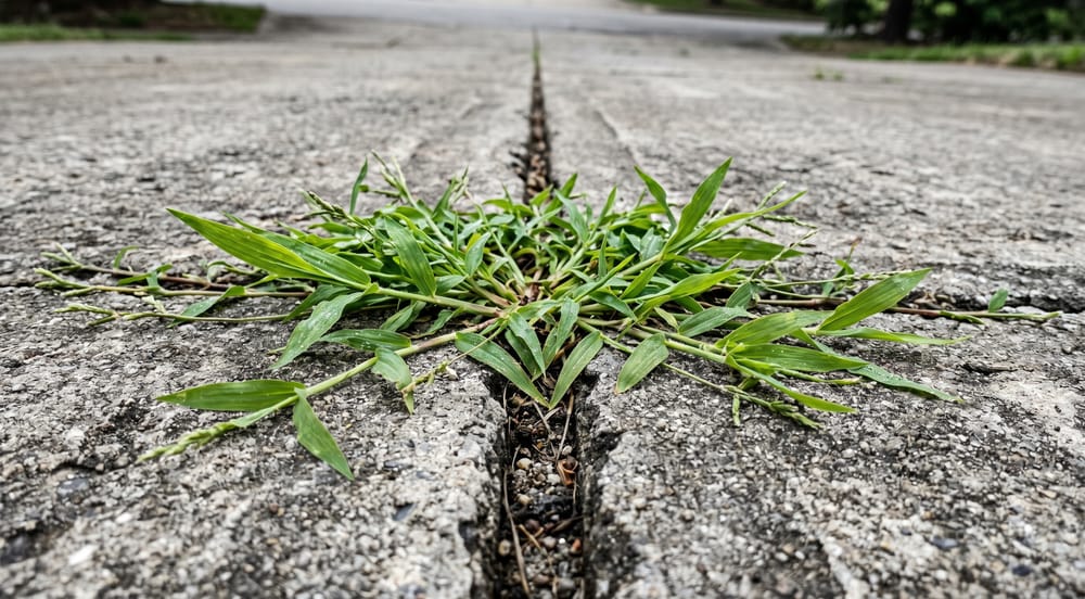 Crabgrass growing from a crack in a driveway, the one place a non-selective organic spot-spray is appropriate