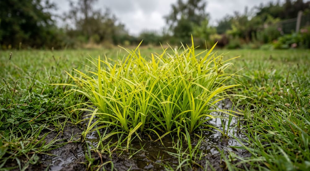 Patch of nutsedge thriving in a wet, low-lying section of a lawn