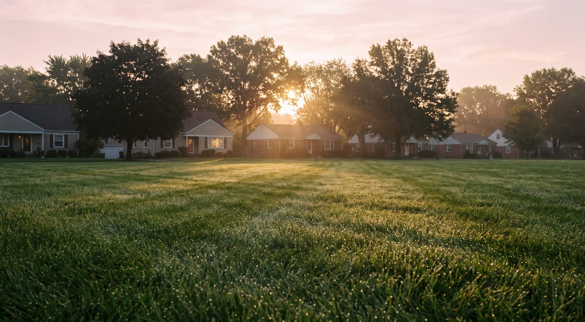 Early morning light across a home lawn at the start of the fall lawn care season