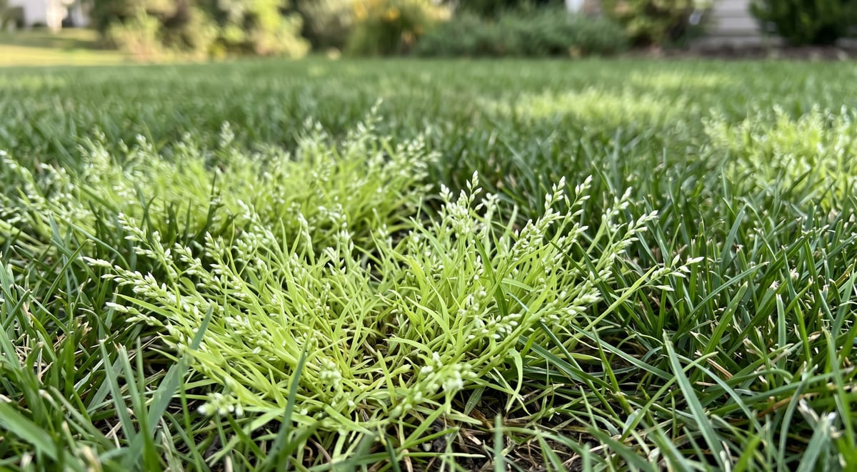 Light lime-green poa annua (annual bluegrass) tufts with whitish seed heads standing out against a darker green lawn