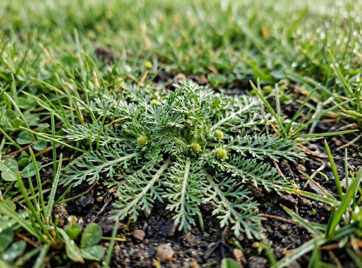 Lawn burweed rosette growing flat in thin turf, showing finely divided parsley-like leaves and small green burs forming at the center