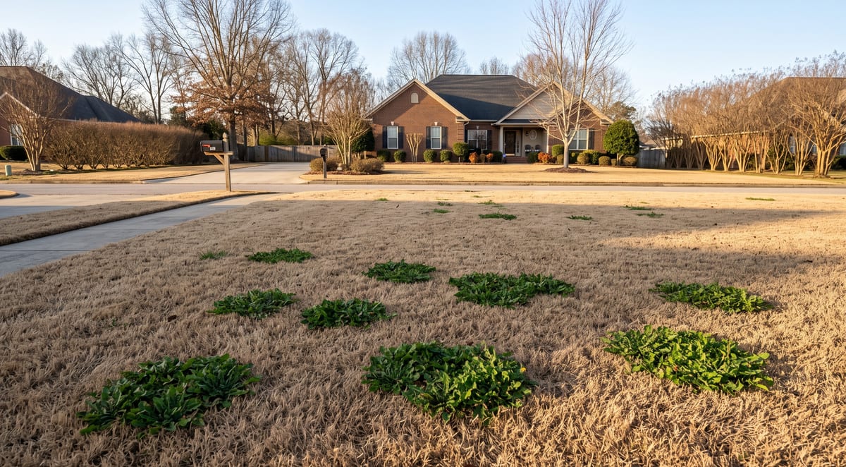 Dormant brown bermuda grass lawn in winter with bright green patches of winter weeds standing out across the turf