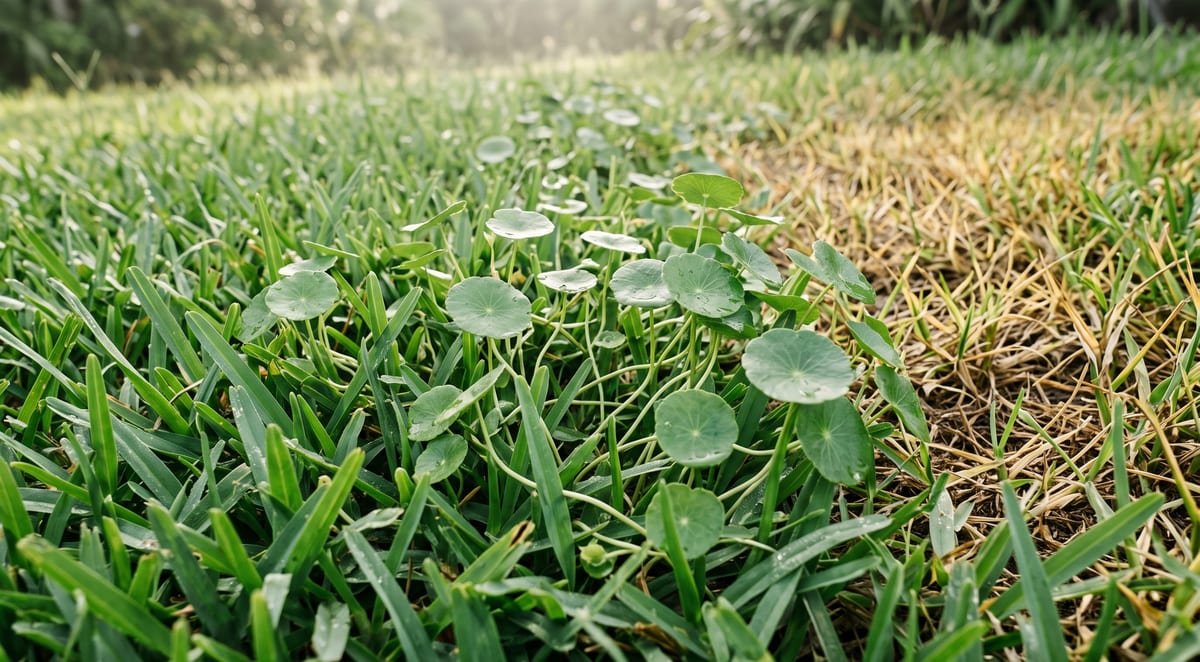 St. Augustine grass lawn with round dollarweed leaves invading the turf beside a yellowing thin patch