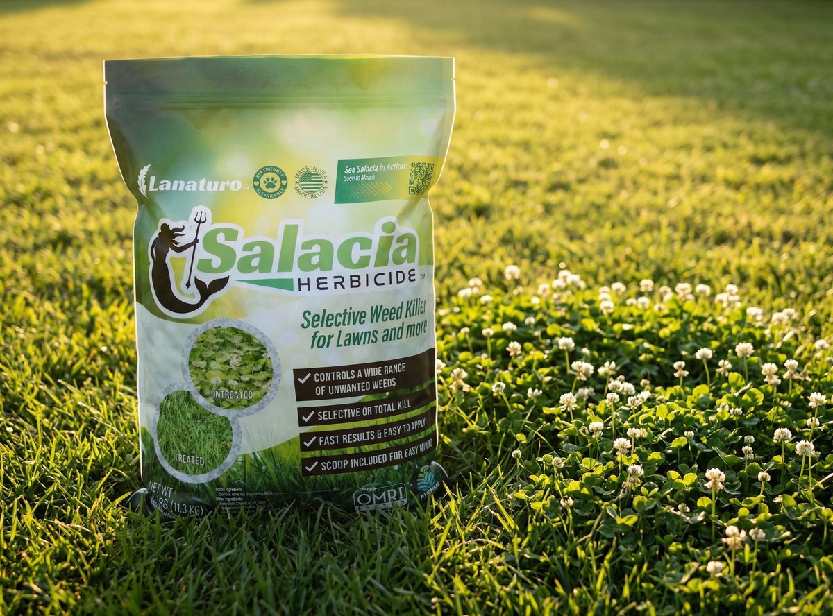 Salacia 25lb bag set against a clover-infested lawn