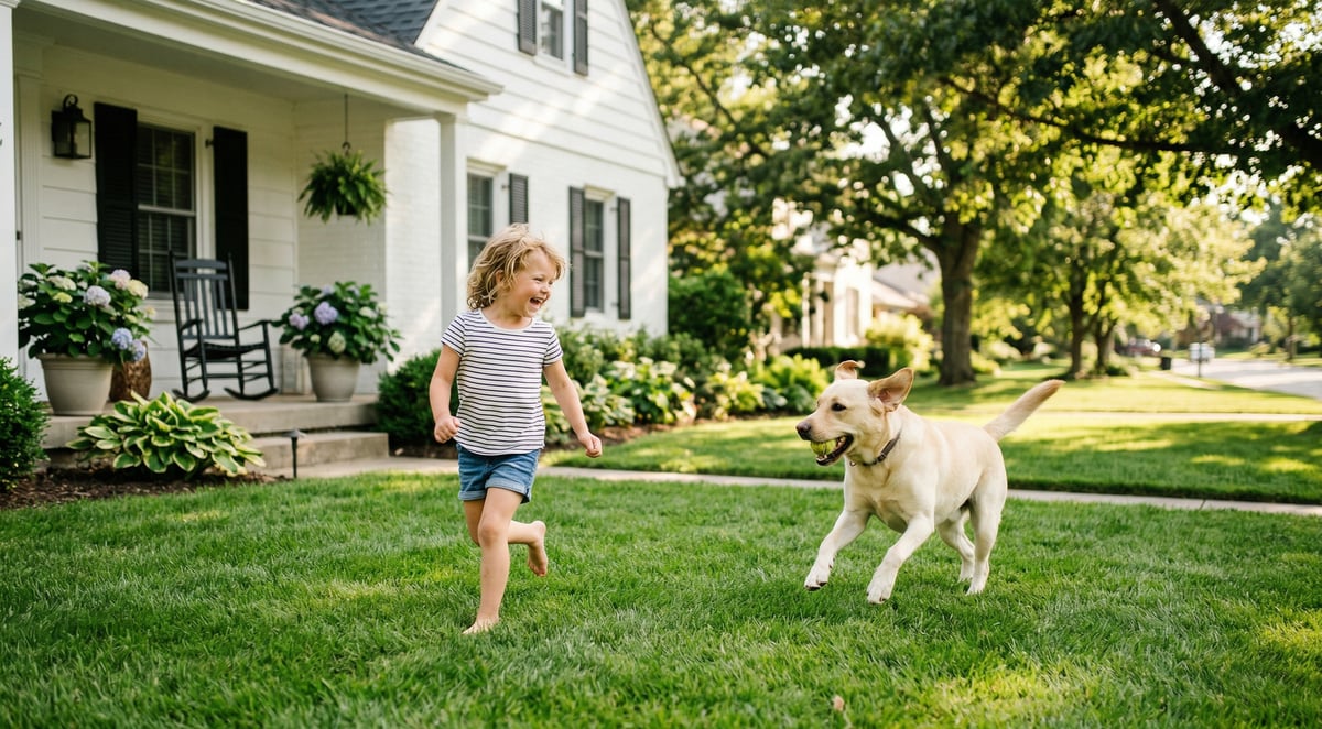Family with dog playing on a healthy lawn that has been treated with Salacia