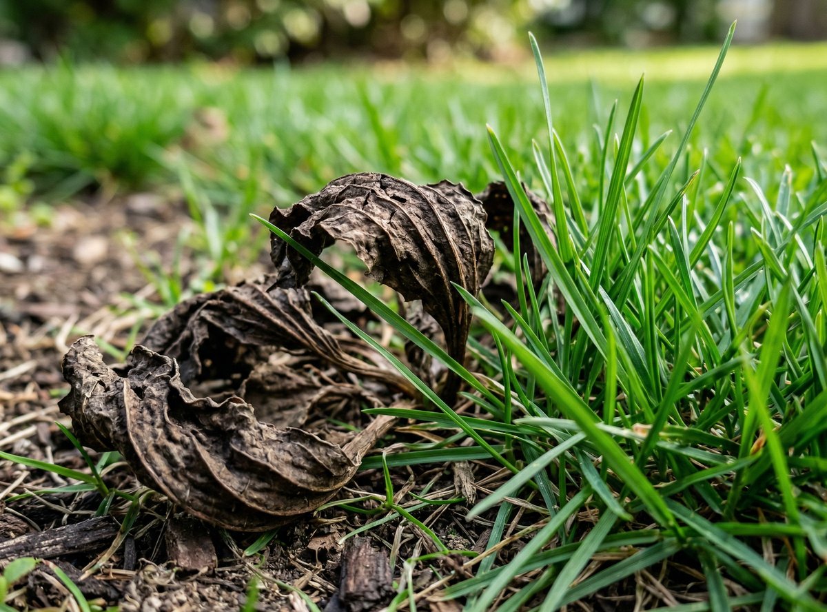 Close-up of dehydrated weed leaves alongside healthy green grass blades