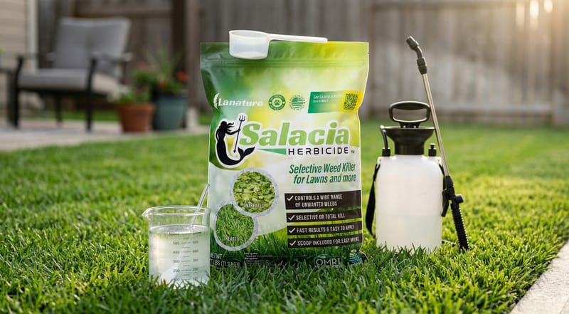 Salacia 25 lb bag with measuring scoop and pump sprayer — mixing station for lawn treatment