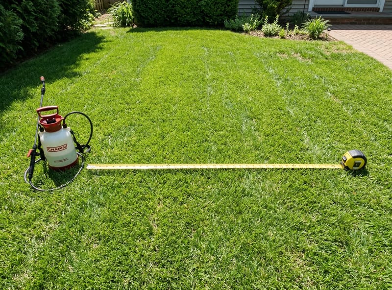 Tape measure on lawn with pump sprayer — measuring lawn area for coverage calculation