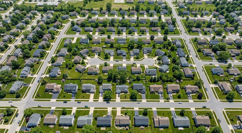 Aerial view of suburban neighborhood showing typical American lawn sizes