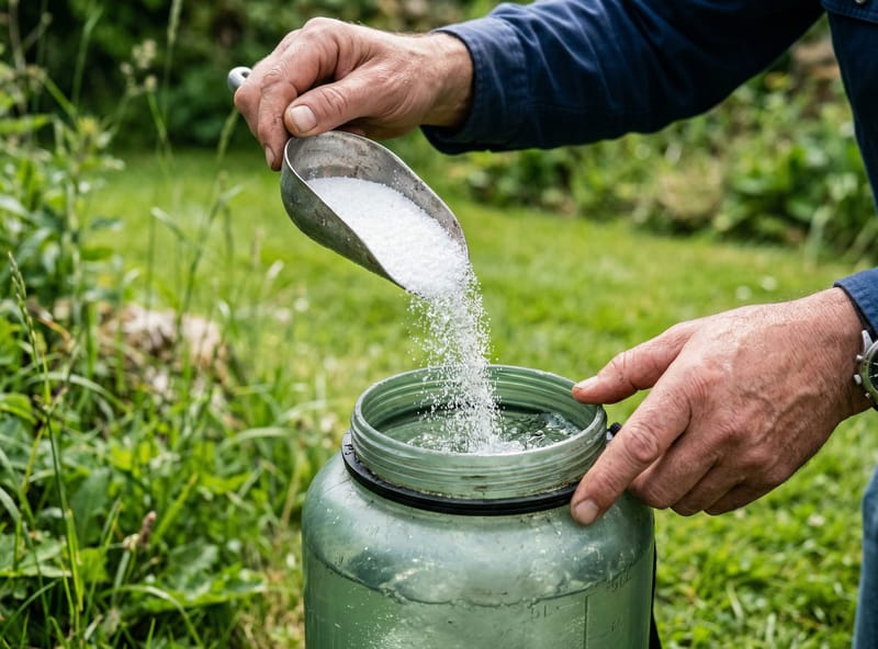 Pouring white crystalline Salacia granules into pump sprayer tank — mixing for lawn application