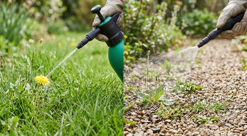Two spray modes — selective stream on lawn weed vs non-selective wide spray on gravel
