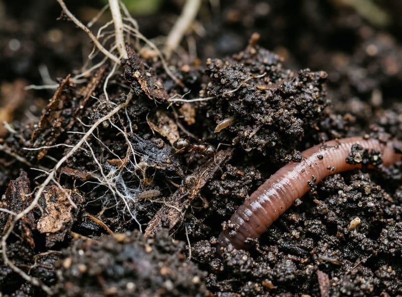 Rich healthy soil with visible organic matter, root hairs, and soil organisms