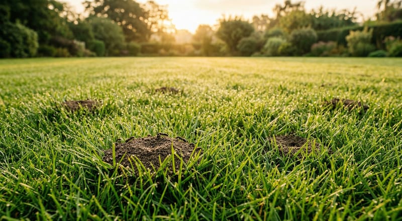 Ant mounds in lawn grass — small soil mounds showing ant activity coexisting with turf