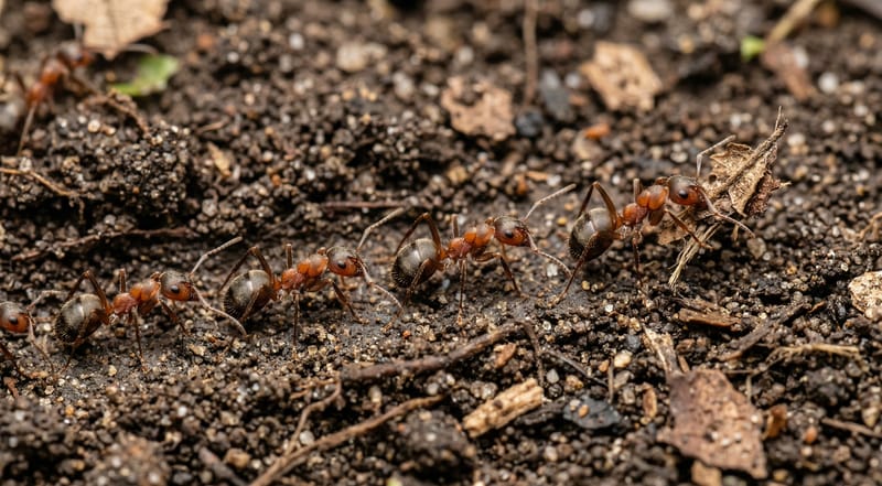 Macro close-up of ants working on soil — carrying organic matter along a trail