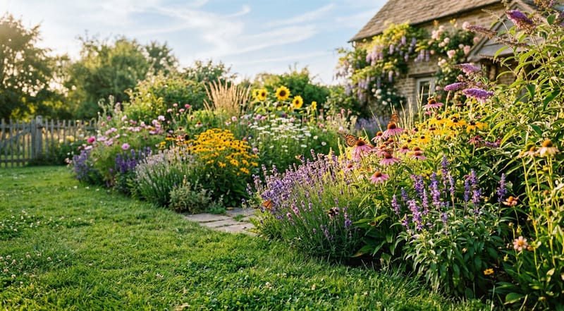 Vibrant lawn and garden with pollinators — organic care supporting biodiversity