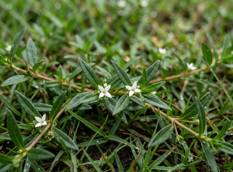 Virginia buttonweed sprawling mat with opposite lance-shaped leaves and small white four-pointed star flowers in the leaf axils