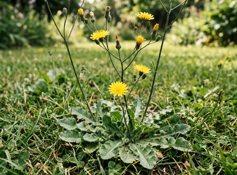 Cat's-ear false dandelion with hairy basal rosette leaves and branched wiry flower stalks carrying several yellow heads