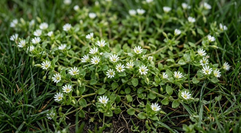 Close-up of chickweed mat with tiny white star-shaped flowers growing in lawn