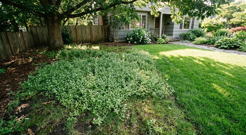Shady lawn corner colonized by chickweed patches where grass is thin
