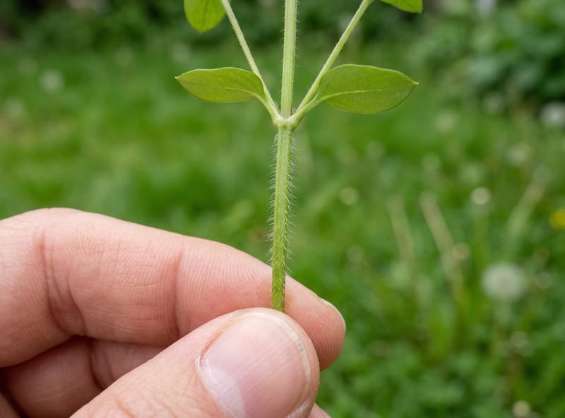Chickweed stem showing single line of fine hairs — key identification feature