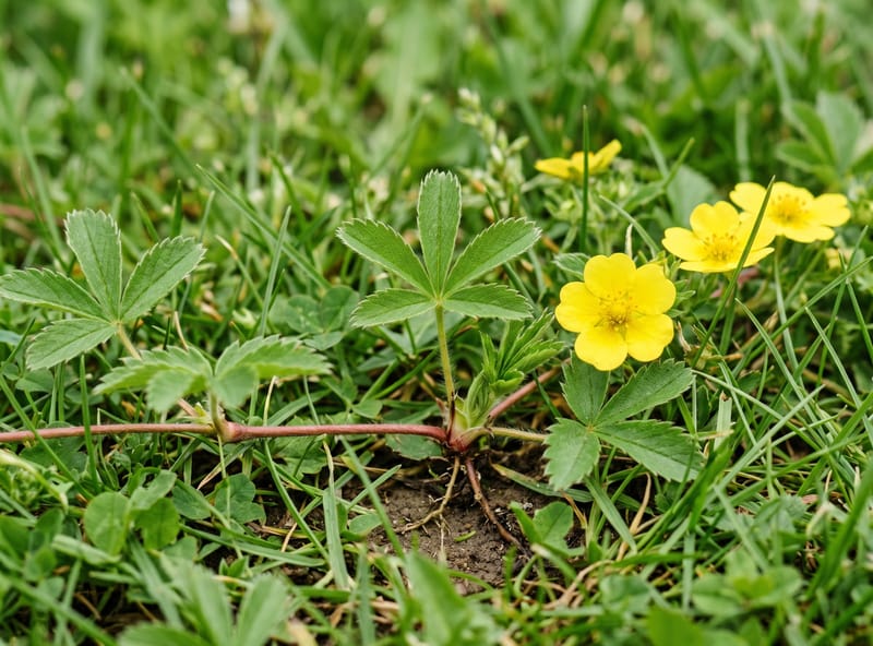 Cinquefoil with palmate five-leaflet toothed leaves, yellow five-petal flowers, and a runner rooting at a node in turf