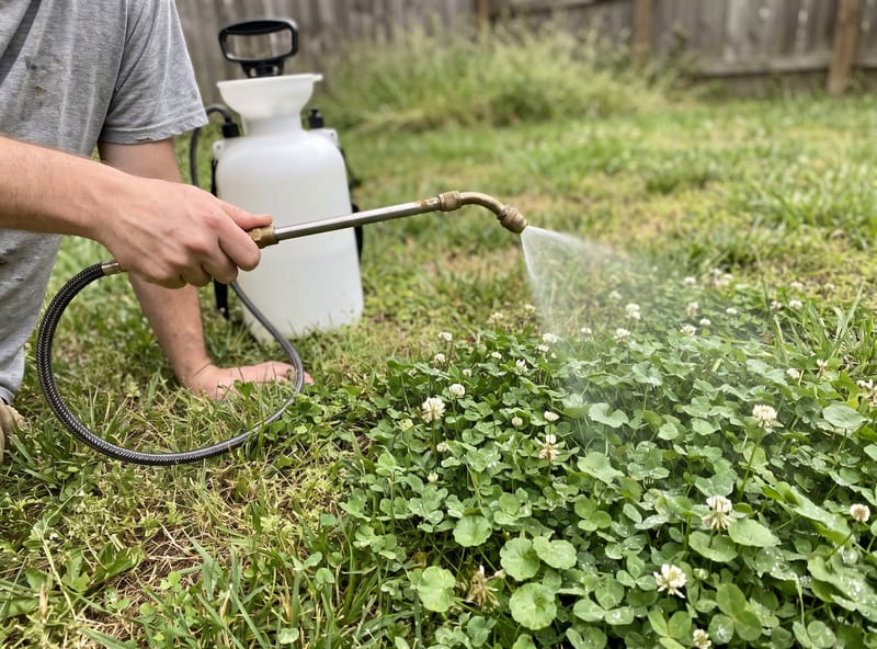 Pump sprayer blanket-spraying dense clover mat in lawn — full coverage technique