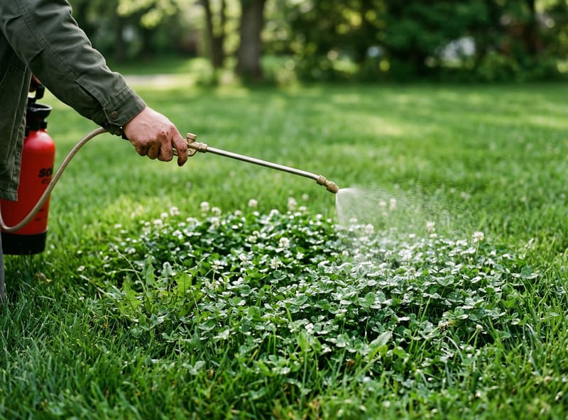 Pump sprayer blanket-spraying dense clover mat in lawn — full coverage technique