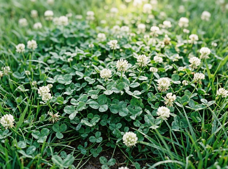 Dense white clover patch with trifoliate leaves and flower heads in lawn
