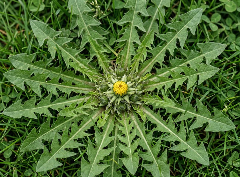 Dandelion rosette from above showing crown center where leaves radiate — the treatment target
