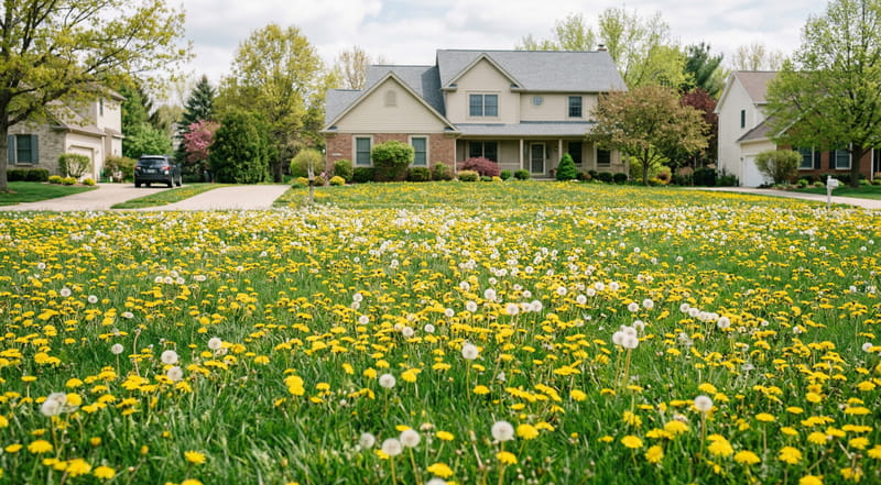 Suburban lawn covered in yellow dandelion flowers — spring dandelion infestation