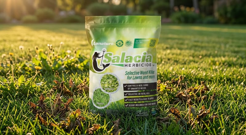 Salacia bag on lawn with visible weed treatment results — dehydrated weeds, green grass