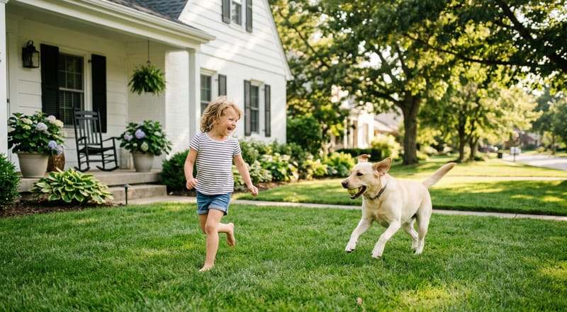 Child and dog playing together on safe green suburban lawn